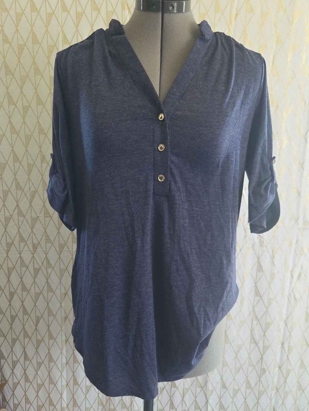 PerSeption Concept Navy V-Neck Henley Tunic Top